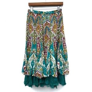 Vibrant Teal and Multicolor A-Line Skirt lace underneath size medium